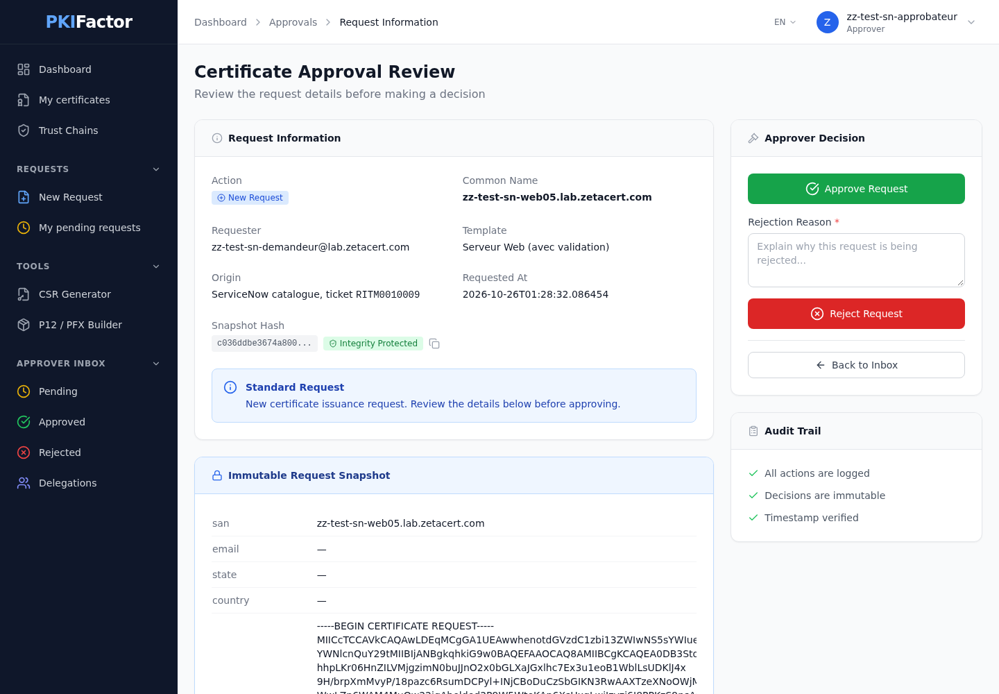 The approval page in PKIFactor shows the originating ServiceNow ticket