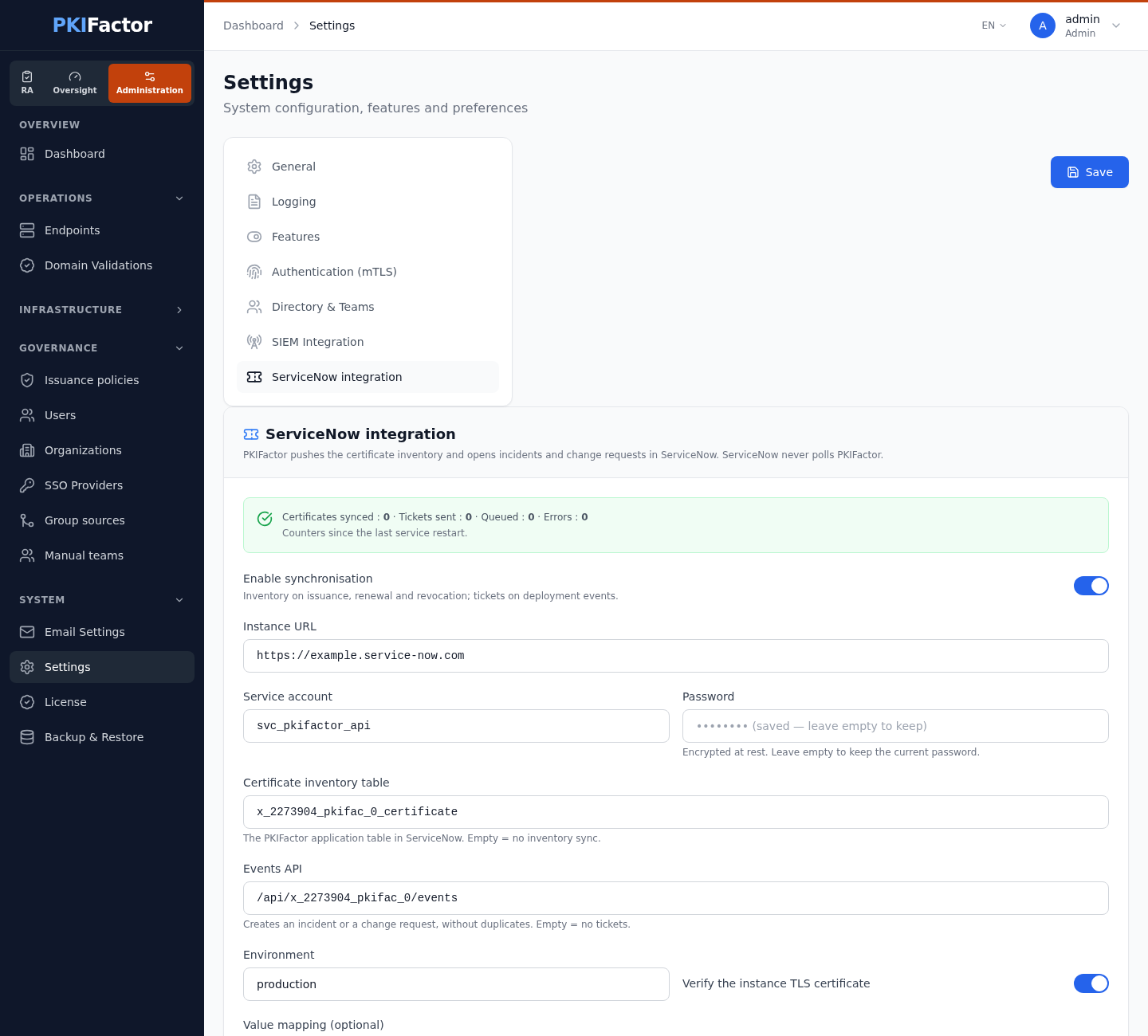 ServiceNow integration settings in PKIFactor