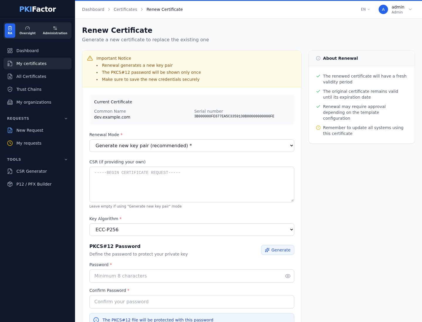 Renewing an ECDSA certificate: the current algorithm is preselected