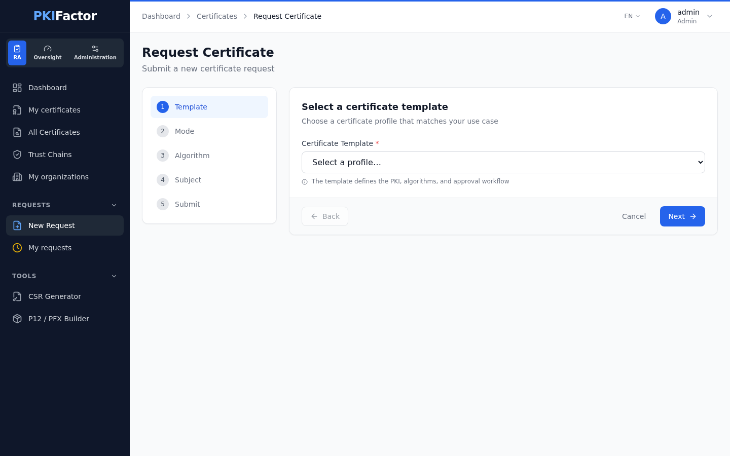 Request Certificate, step 1