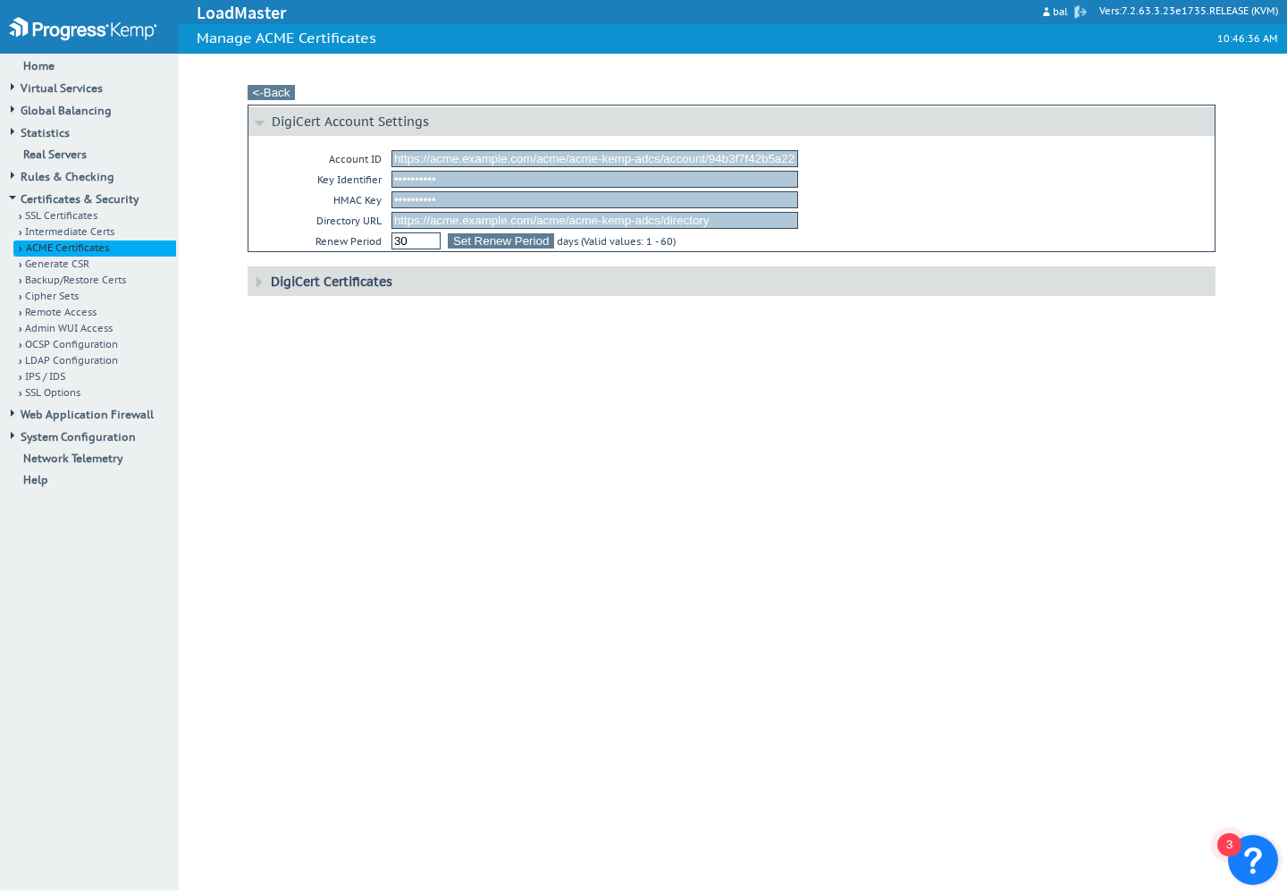 The ACME account of a LoadMaster registered on PKIFactor's ACME server (EAB key masked): directory URL of the profile and renewal period