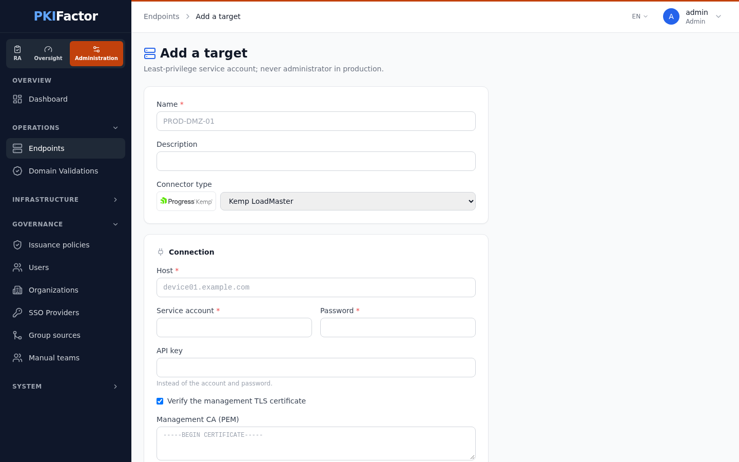Declaring a Kemp LoadMaster: host, service account or API key, management TLS verification