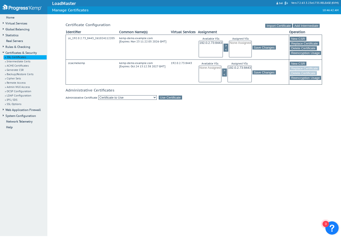 SSL Certificates on the LoadMaster: the certificate obtained through ACME (zcacmekemp) assigned to the TLS Virtual Service, next to a certificate deployed by the connector (mode 2, versioned name zc_…)