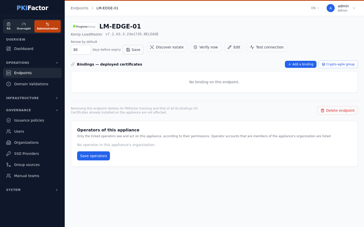 The page of a Kemp endpoint after a successful connection test