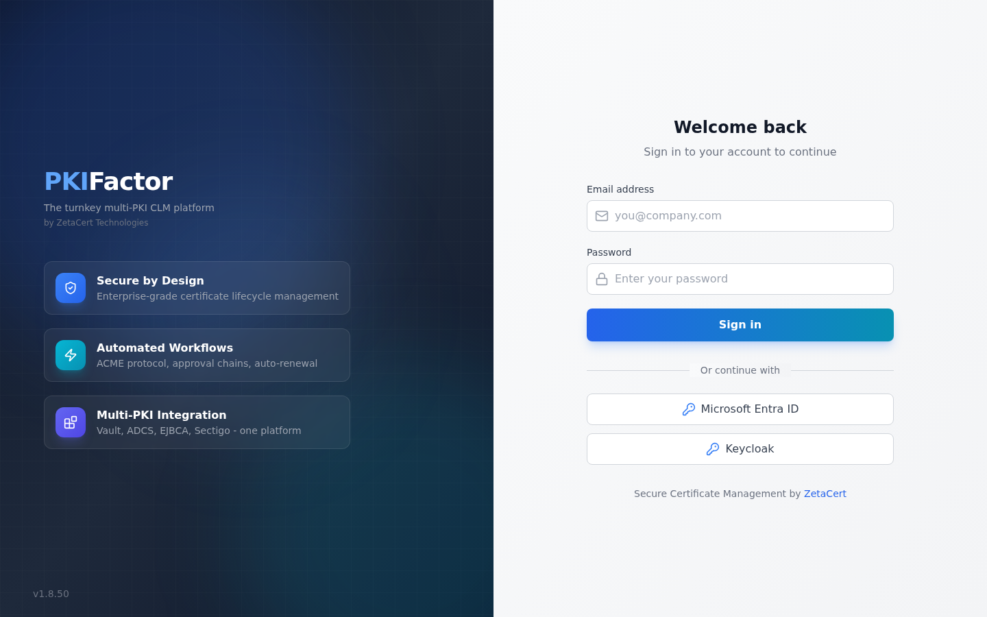 The PKIFactor sign-in page with a button for each active single sign-on provider