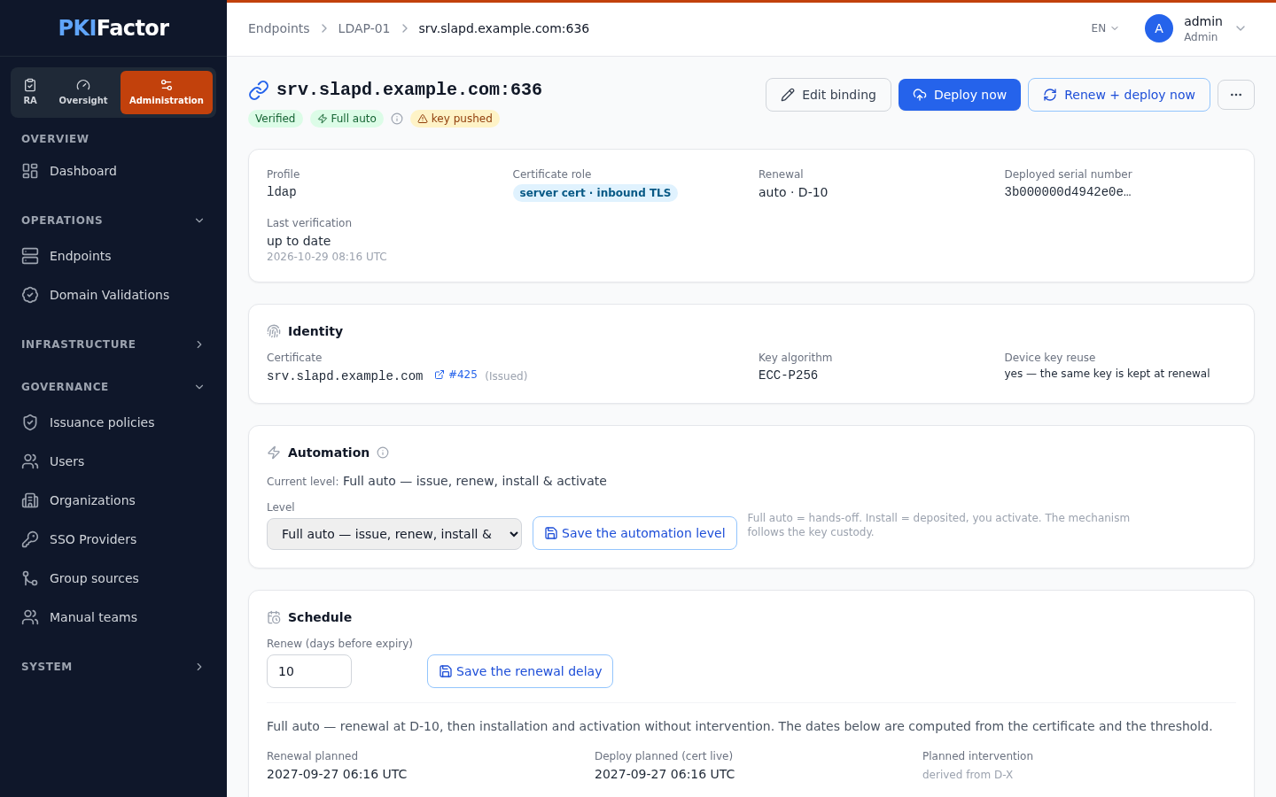 The LDAPS binding of an OpenLDAP server: verified, renewed automatically with the same key