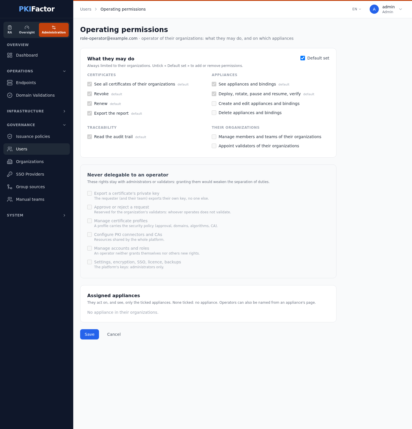 Operating permissions of an operator