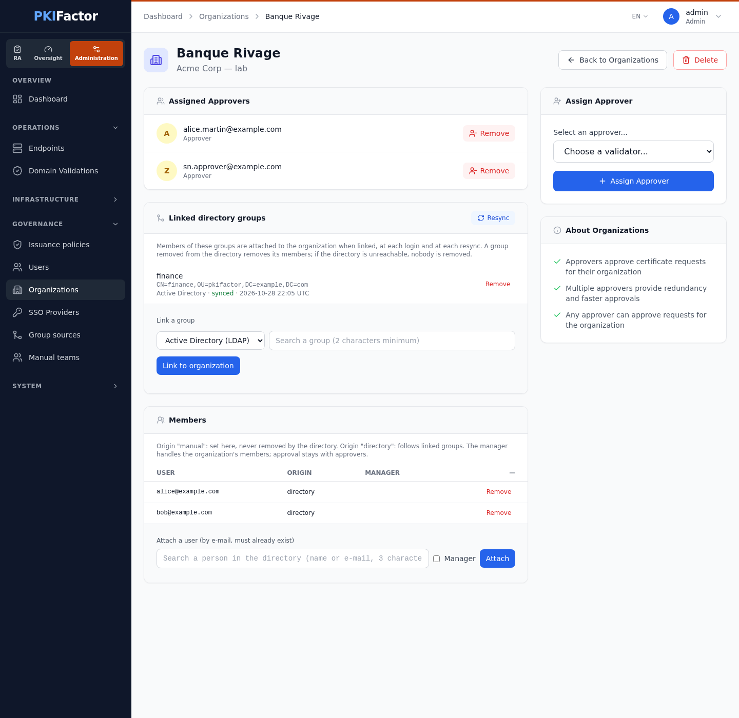 An organization with a linked directory group