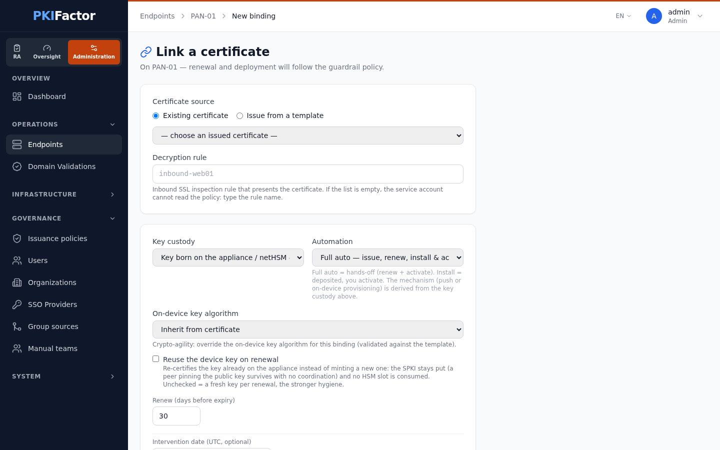 Binding a certificate on a Palo Alto Networks firewall: a single Decryption rule field