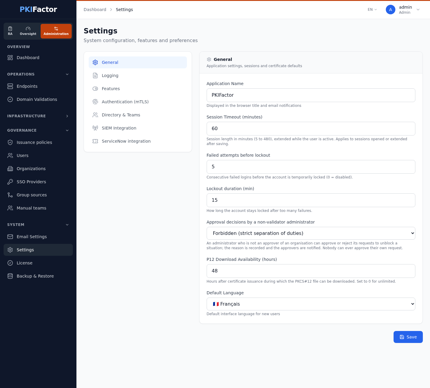 System > Settings, General section: session length, sign-in lockout and approval decisions (here a session length of 60 minutes saved by an administrator)