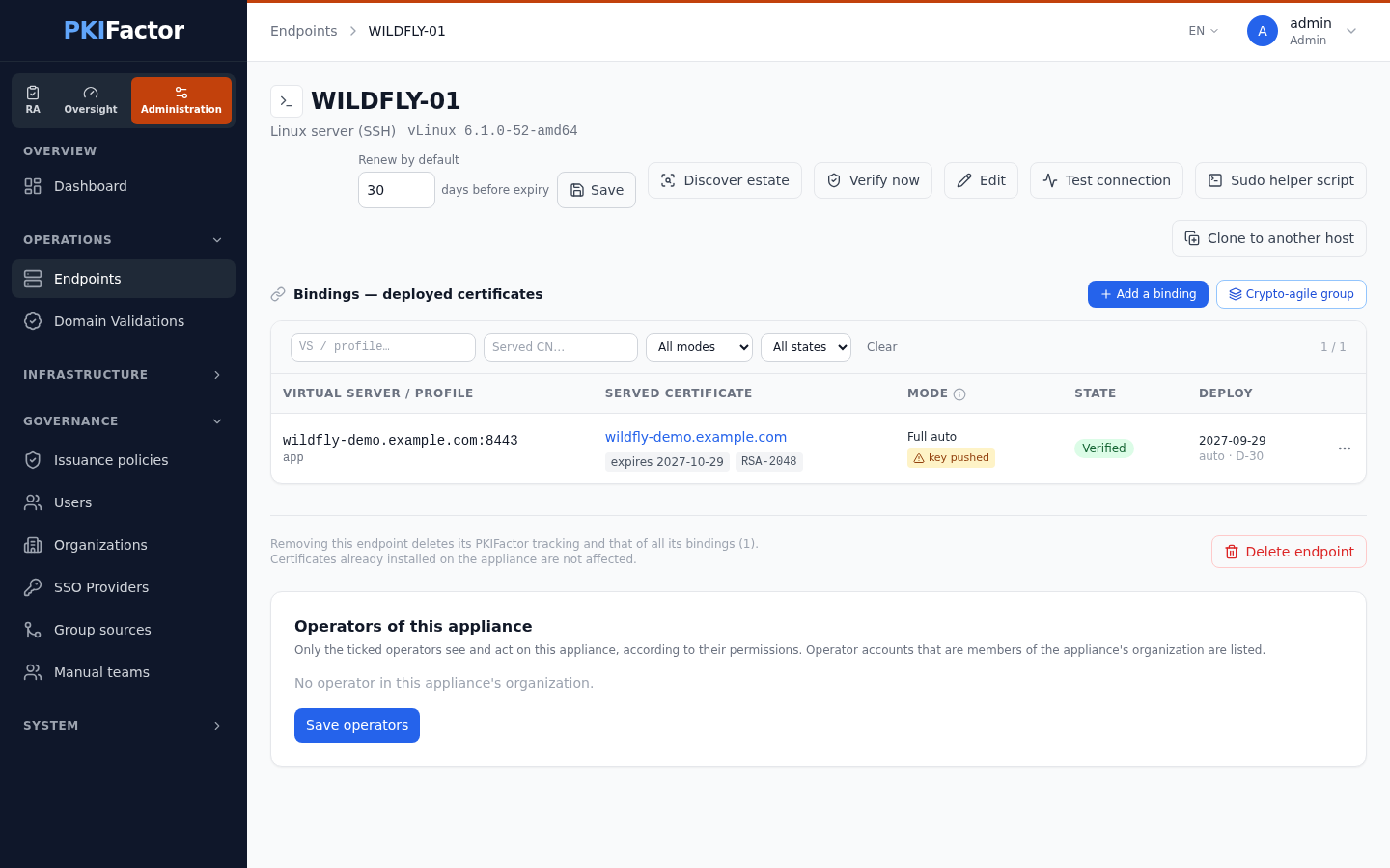A WildFly server declared in PKIFactor, with its certificate deployed and verified